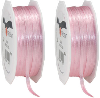 2x Luxe hobby/decoratie roze satijnen sierlinten 0,3 cm/3 mm x 50 meter