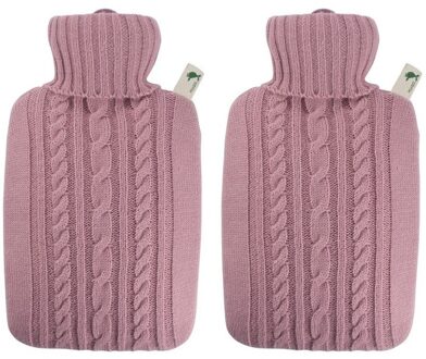 2x Luxe kruiken pastel roze met inhoud van 1,8 liter - Warmwaterkruiken met gebreide hoes/kruikenzak