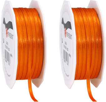 2x Luxe oranje satijnen lint rollen 0,3 cm x 50 meter cadeaulint verpakkingsmateriaal - Cadeaulinten