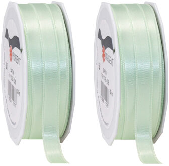 2x Luxe pastelgroene satijnen lint rollen 1 cm x 25 meter cadeaulint verpakkingsmateriaal - Cadeaulinten