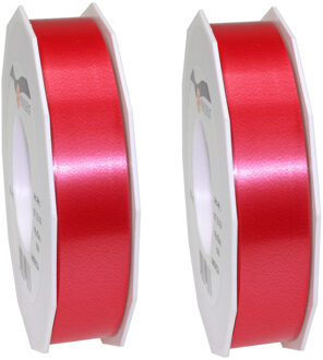 2x Luxe rode kunststof linten rollen 2,5 cm x 91 meter cadeaulint verpakkingsmateriaal - Cadeaulinten Rood