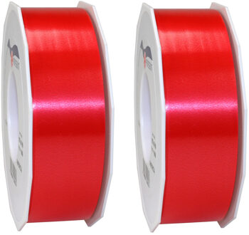 2x Luxe rode kunststof linten rollen 4 cm x 91 meter cadeaulint verpakkingsmateriaal - Cadeaulinten Rood