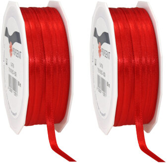 2x Luxe rode satijnen lint rollen 0,6 cm x 50 meter cadeaulint verpakkingsmateriaal - Cadeaulinten Rood