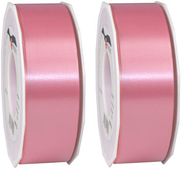 2x Luxe roze kunststof linten rollen 4 cm x 91 meter cadeaulint verpakkingsmateriaal - Cadeaulinten