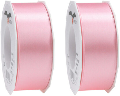 2x Luxe roze satijnen lint rollen breed 4 cm x 25 meter cadeaulint verpakkingsmateriaal - Cadeaulinten