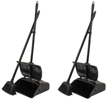 2x Luxe stoffer en blik zwart met lange steel 108 x 34 x 18 cm