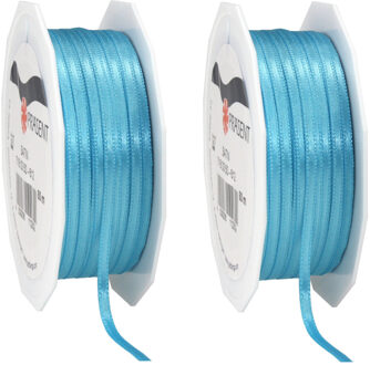 2x Luxe turquoise satijnen lint rollen 0,3 cm x 50 meter cadeaulint verpakkingsmateriaal - Cadeaulinten Blauw