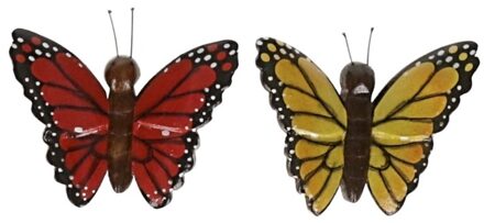 2x magneet hout rode en gele vlinder