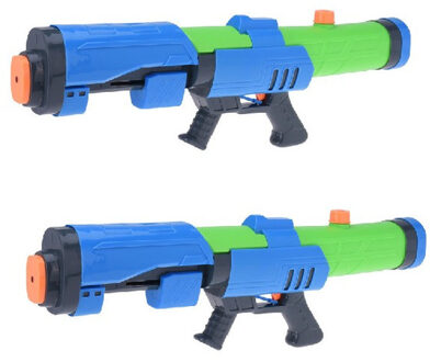 2x Mega waterpistolen/waterpistool met pomp blauw/groen van 63 cm kinderspeelgoed