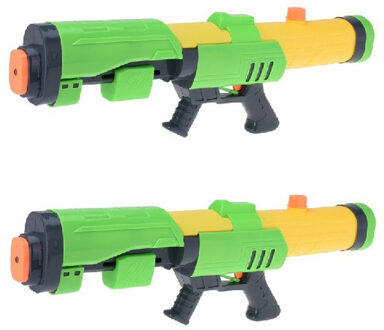 2x Mega waterpistolen/waterpistool met pomp groen/geel van 63 cm kinderspeelgoed