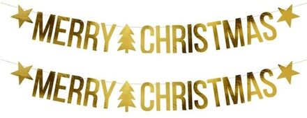 2x Merry Christmas kerst feest/party banners letterslingers versiering karton 175 cm - Feestslingers Goudkleurig