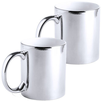 2x Metallic zilveren koffiebekers/theemokken keramisch 350 ml - Servies - Bekers/mokken