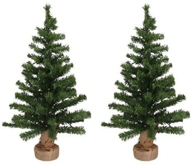 2x Mini kunst kerstbomen in jute zak met licht 75 cm - Kunstkerstboom Groen
