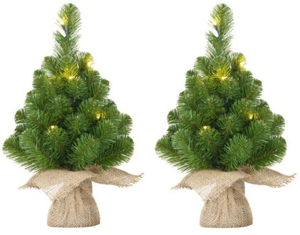 2x Mini kunst kerstboom met 10 LED lampjes 45 cm - Kunstkerstboom Groen