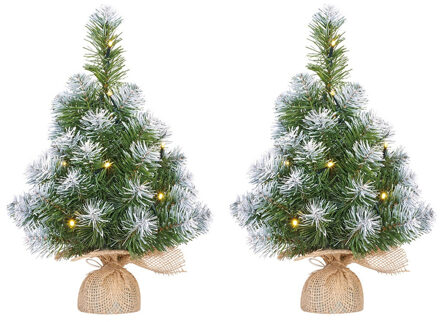 2x Mini kunst kerstboom met 10 LED lampjes en sneeuw 45 cm - Kunstkerstboom Groen