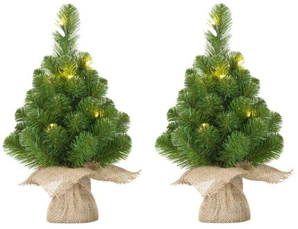 2x Mini kunst kerstboom met 15 LED lampjes 60 cm - Kunstkerstboom Groen