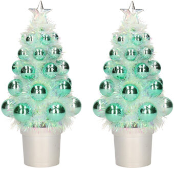 2x Mini kunst kerstboompje mint groen met kerstballen 19 cm - Kunstkerstboom