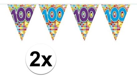 2x Mini vlaggenlijn / slinger verjaardag versiering 100 jaar