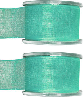 2x Mintgroene organzalint rollen 4 cm x 20 meter cadeaulint verpakkingsmateriaal - Cadeaulinten