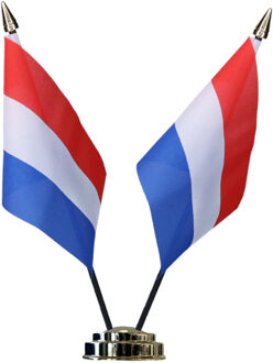2x Nederland tafelvlaggetjes set - dubbele vlaggetjes op 1 standaard - 10 x 15 cm mini vlaggen