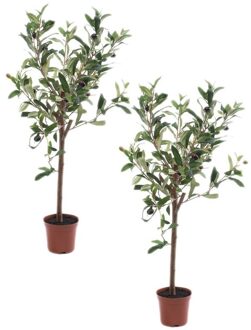 2x Olijfbomen kunstplanten/kunstbomen 65 cm in kunststof plantenpot - Kunstplanten Groen