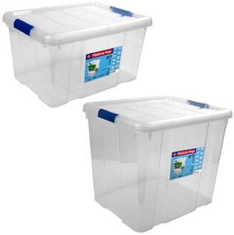 2x Opbergboxen/opbergdozen met deksel 16 en 35 liter kunststof transparant/blauw - Opbergbox