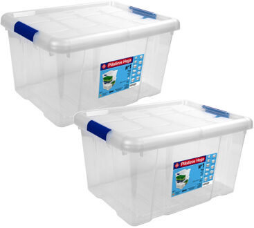 2x Opbergboxen/opbergdozen met deksel 16 liter kunststof transparant/blauw - Opbergbox