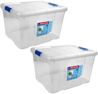 2x Opbergboxen/opbergdozen met deksel 25 liter kunststof transparant/blauw - Opbergbox