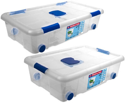 2x Opbergboxen/opbergdozen met deksel en wieltjes 30 en 31 liter kunststof transparant/blauw - Opbergbox