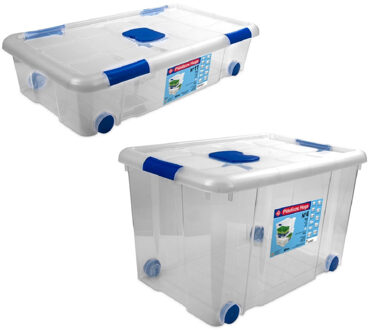 2x Opbergboxen/opbergdozen Met Deksel En Wieltjes 30 En 55 Liter Kunststof Transparant/blauw - Opbergbox