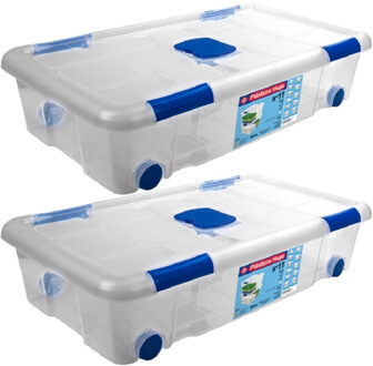 2x Opbergboxen/opbergdozen Met Deksel En Wieltjes 30 Liter Kunststof Transparant/blauw - Opbergbox