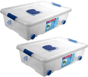 2x Opbergboxen/opbergdozen met deksel en wieltjes 31 liter kunststof transparant/blauw - Opbergbox