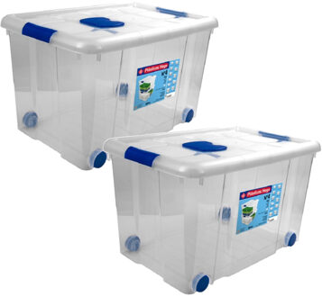 2x Opbergboxen/opbergdozen met deksel en wieltjes 55 liter kunststof transparant/blauw - Opbergbox