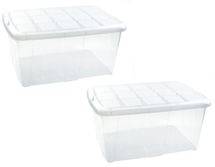 2x Opslagbakken/organizers met deksel 60 liter 63 x 46 x 32 transparant/wit - Opbergbox