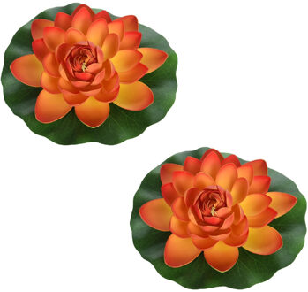 2x Oranje waterlelie kunstbloemen vijverdecoratie 18 cm - Kunstbloemen