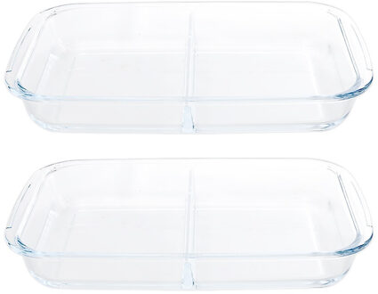2x ovenschaal - 2-vaks - 3,2 liter - 34x21x5 cm - rechthoekig - glas - ovenschotel schalen