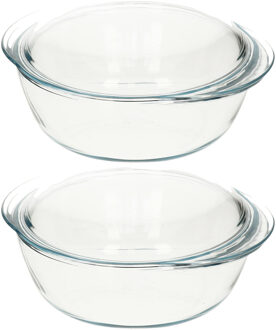 2x Ovenschalen/braadslede 3 liter rond met deksel 22 x 13 x 5 cm - Ovenschalen Transparant