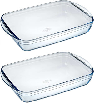 2x Ovenschalen/braadsledes rechthoekig van glas 3,6 liter 39 x 24 x 6 cm - Ovenschalen Transparant