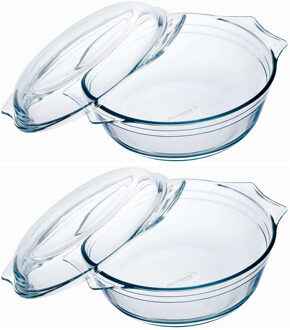 2x Ovenschalen/braadsleses rond van glas met deksel 3 liter 23 x 11 cm - Ovenschalen Transparant