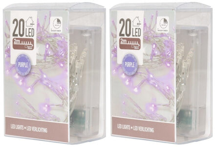 2x Paars lichtsnoer clusterverlichting op batterijen 200 cm