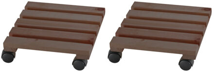 2x Planten trolleys/multirollers donkerbruin vierkant 30 x 30 cm voor harde vloeren