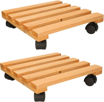 2x Plantenonderzetter/multiroller vurenhout 30 cm - 30 kg - Woonaccessoires/decoratie houten planken/trolley voor kamerplanten