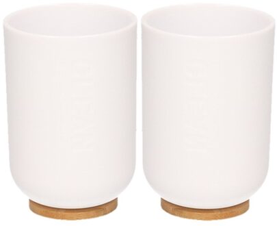 2x Plastic badkamer beker met bamboe 11 cm - Badkameraccessoireset Wit