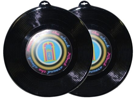 2x Plastic LP grammofoonplaat/platen muziek thema wanddecoratie 48 cm - feestartikelen en versieringen