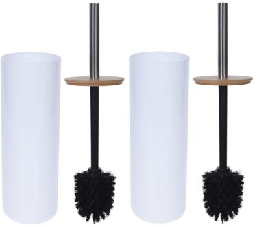 2x Plastic toiletborstelhouders met bamboe 26 cm - Toiletborstels Wit