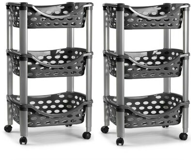 2x plasticforte keukentrolley/roltafel - 3-laags - kunststof - donkergrijs - 40 x 65 cm