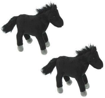 2x Pluche zwarte paarden knuffels met witte manen 25 cm - Paarden knuffels - Speelgoed voor kinderen