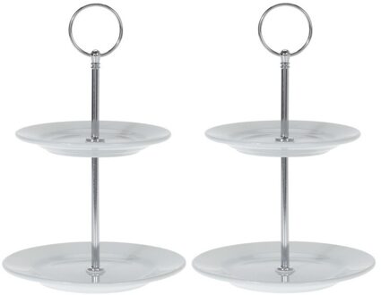 2x Porseleinen gebak etagere 2-laags 21 cm - Etageres Zilverkleurig