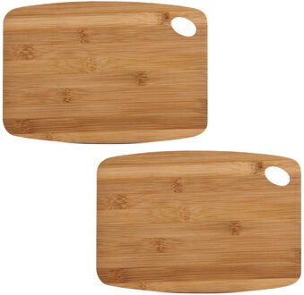 2x Rechthoekige bamboe houten snij/serveerplanken met ophangoog 26 cm - Snijplanken Bruin