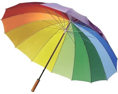 2x Regenboog paraplu met houten handvat 130 cm - Regenboog kleuren paraplu 2 stuks